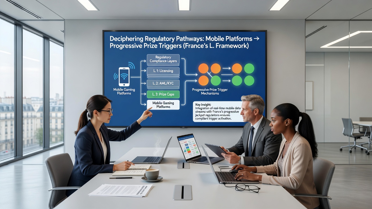 Mobile platform architecture linking to jackpot triggers under French gaming regulations