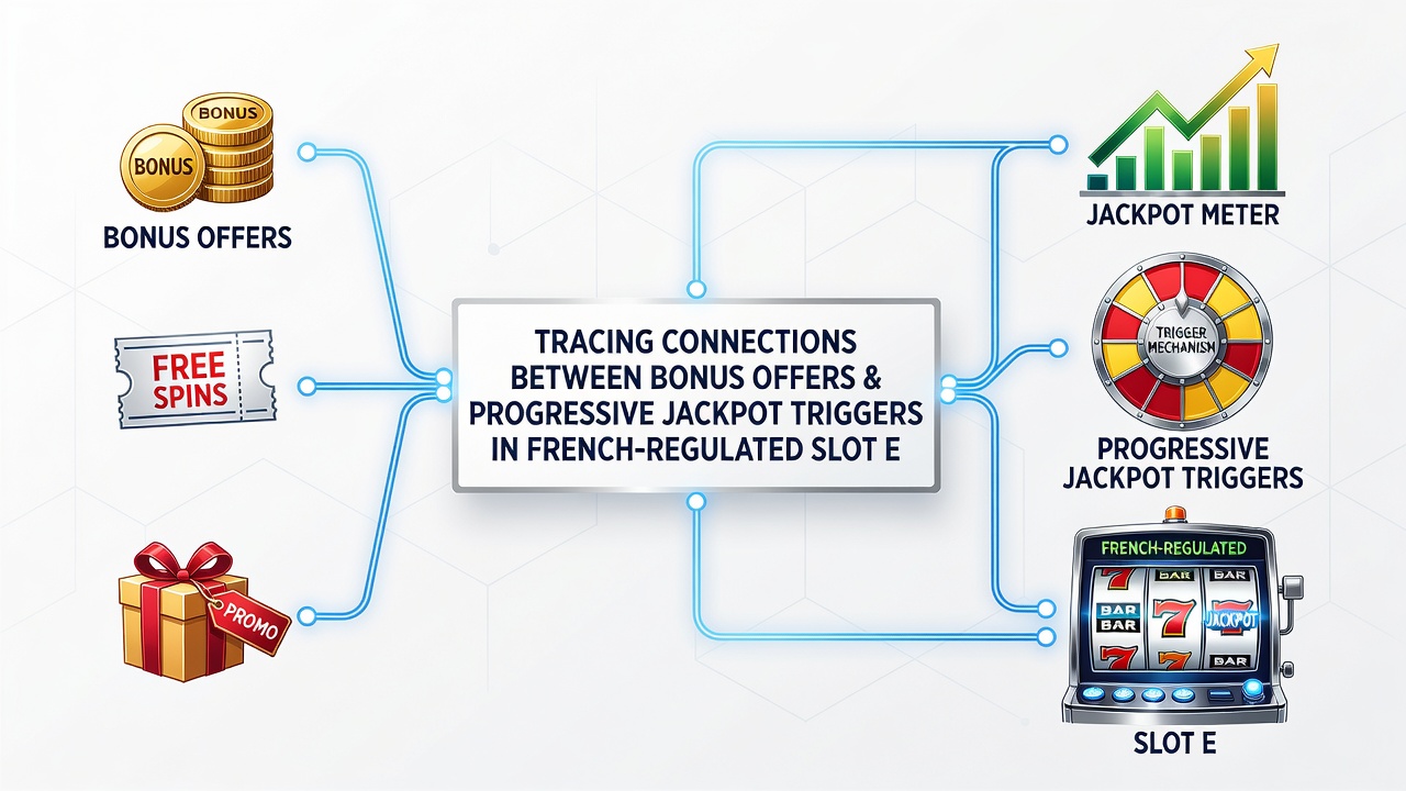 Network diagram showing connections between bonus offer mechanics and progressive jackpot contribution flows in French slot environments